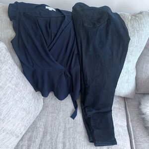 Amazon Dark Blue Women's Skinny Jeans and Navy Blue Faux wrap blouse